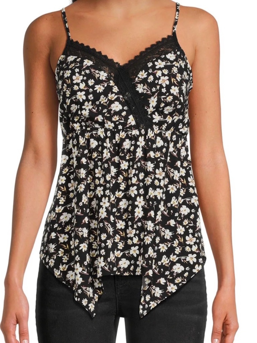 No Boundaries Medium Black Floral Lace Trim Spaghetti Strap Babydoll Y2K Top